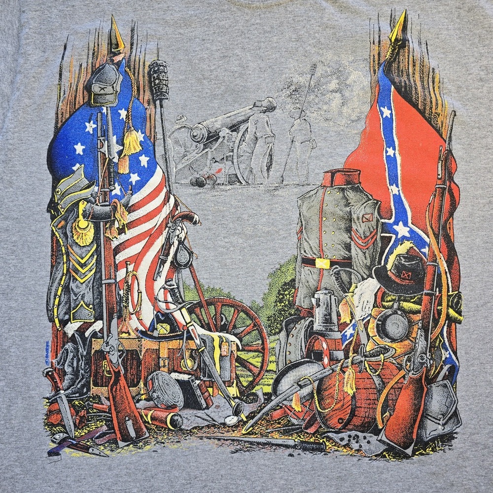 Vintage 90s Civil War Graphic Tee L T-America Heather Gray Marbled Wash Y2K 00s